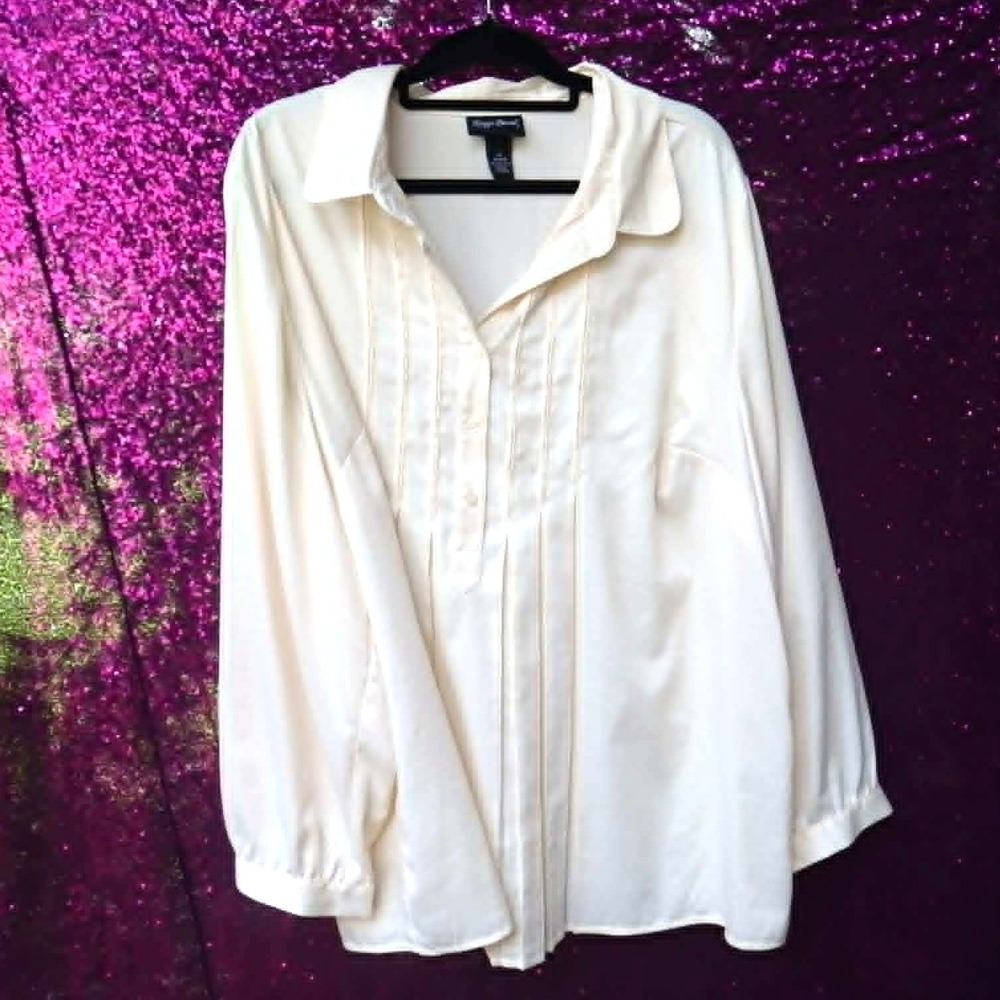 Cream Pintuck Blouse 2X Maggie Barnes Women Long Sleeve Button Front Top